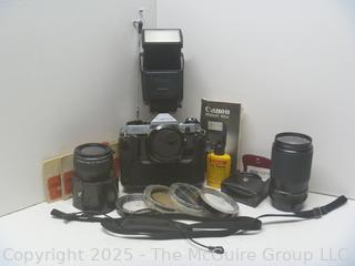 Canon AE-1 35mm Film Camera Setup, Auto Winder, Extra Lens, Leather Case and Accessories