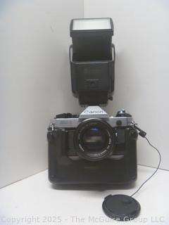 Canon AE-1 35mm Film Camera Setup, Auto Winder, Extra Lens, Leather Case and Accessories