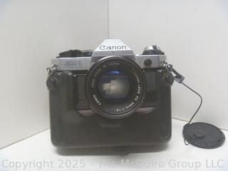 Canon AE-1 35mm Film Camera Setup, Auto Winder, Extra Lens, Leather Case and Accessories