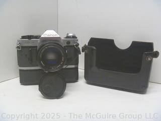 Canon AE-1 35mm Film Camera Setup, Auto Winder, Extra Lens, Leather Case and Accessories