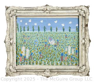 Framed Oil on Canvas of Workers in Field, Unsigned. 18.5 x 22"