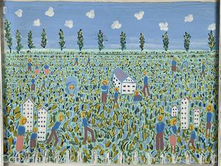 Framed Oil on Canvas of Workers in Field, Unsigned. 18.5 x 22"