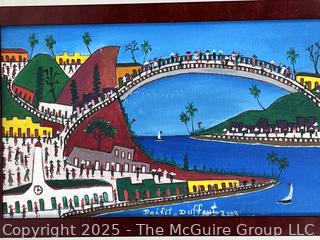 Framed Oil on Canvas Colorful Haitian Riverway Landscape
Signed by Préfète Duffaut 2003. 9" x 41"
