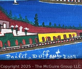 Framed Oil on Canvas Colorful Haitian Riverway Landscape
Signed by Préfète Duffaut 2003. 9" x 41"
