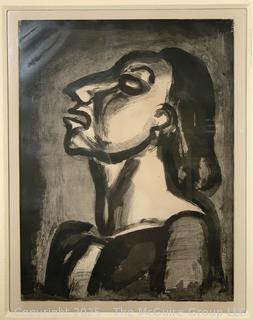 Framed Under Glass Figural Aquatint Etching Titled  “ Son Avocat En Phrases Creuses Clame Sa Totale Inconscience” by Georges Rouault.  25" x 30"  (Was 280S)