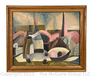 Framed Oil on Canvas Abstract Still Life of Table Scape Unsigned by Artist but Attributed on Back to Paul Barkley.  18" x 22"