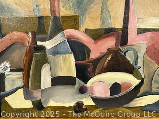 Framed Oil on Canvas Abstract Still Life of Table Scape Unsigned by Artist but Attributed on Back to Paul Barkley.  18" x 22"