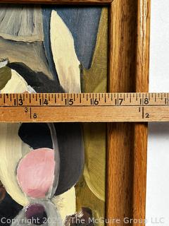 Framed Oil on Canvas Abstract Still Life of Table Scape Unsigned by Artist but Attributed on Back to Paul Barkley.  18" x 22"