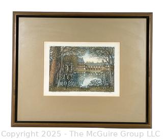 Framed Under Glass Hand Colored Lithograph of Chateau De Fontainebleau Pencil Signed Huberg. 14" x 18"