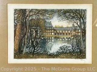Framed Under Glass Hand Colored Lithograph of Chateau De Fontainebleau Pencil Signed Huberg. 14" x 18"