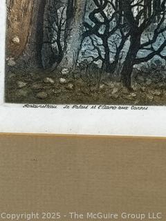 Framed Under Glass Hand Colored Lithograph of Chateau De Fontainebleau Pencil Signed Huberg. 14" x 18"