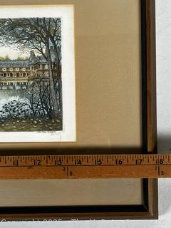 Framed Under Glass Hand Colored Lithograph of Chateau De Fontainebleau Pencil Signed Huberg. 14" x 18"