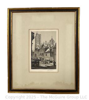 Framed Under Glass Hand-Signed Etching “The Market Place at Bourges” by  Samuel Chamberlain. 12" x 14"
