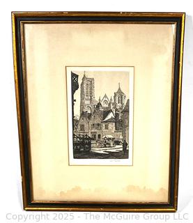 Framed Under Glass Hand-Signed Etching “The Market Place at Bourges” by  Samuel Chamberlain. 12" x 14"
