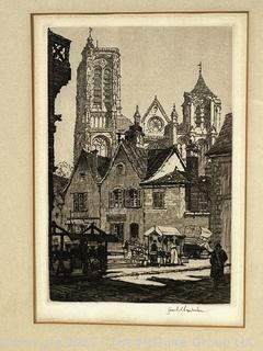 Framed Under Glass Hand-Signed Etching “The Market Place at Bourges” by  Samuel Chamberlain. 12" x 14"
