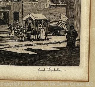 Framed Under Glass Hand-Signed Etching “The Market Place at Bourges” by  Samuel Chamberlain. 12" x 14"
