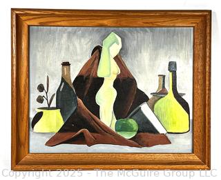 Framed Oil on Board Abstract Still Life of Table Scape Titled "Green Goddess" Unsigned by Artist but Attributed on Back to Paul Barkley.  16" x 20"
