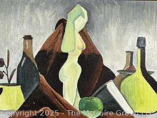 Framed Oil on Board Abstract Still Life of Table Scape Titled "Green Goddess" Unsigned by Artist but Attributed on Back to Paul Barkley.  16" x 20"