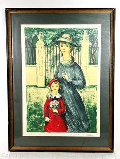 Framed Under Glass Signed And Numbered In Pencil Color Lithograph of Mother and Daughter by of Antoine Serneels (1909-1999)