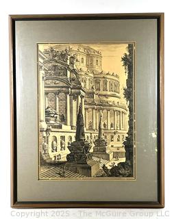 Framed Under Glass Lithograph Titled Ancient Mausoleum Erected for the Ashes of a Roman Emperor by Giovanni Battista Piranesi, 1750. 18.5 x 23.5"