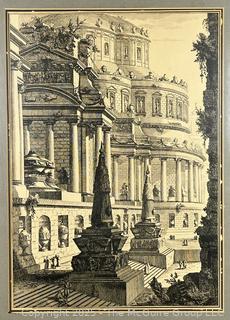 Framed Under Glass Lithograph Titled Ancient Mausoleum Erected for the Ashes of a Roman Emperor by Giovanni Battista Piranesi, 1750. 18.5 x 23.5"
