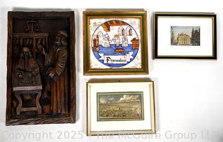 Three (3)  Framed Art Prints and Carved Wood Plaque