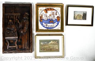 Three (3)  Framed Art Prints and Carved Wood Plaque