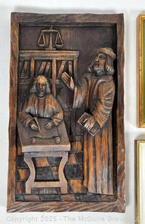 Three (3)  Framed Art Prints and Carved Wood Plaque