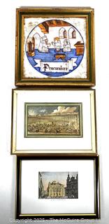 Three (3)  Framed Art Prints and Carved Wood Plaque