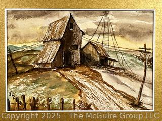 Framed Under Glass Watercolor of Barn Scene Signed By Artist, 10" x 12"