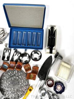 Collection of Party Ware Including Napkin Rings, Knife Rests, Wine Charms, Chop Sticks, and More
