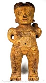 Large Pre-Columbian Standing Terracotta Female Figure with Infant with Incised Decoration.  15" tall