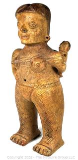 Large Pre-Columbian Standing Terracotta Female Figure with Infant with Incised Decoration.  15" tall