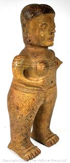 Large Pre-Columbian Standing Terracotta Female Figure with Infant with Incised Decoration.  15" tall