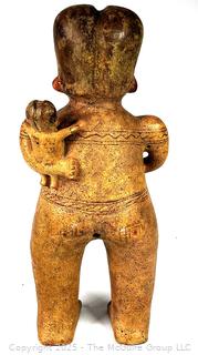 Large Pre-Columbian Standing Terracotta Female Figure with Infant with Incised Decoration.  15" tall