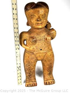 Large Pre-Columbian Standing Terracotta Female Figure with Infant with Incised Decoration.  15" tall