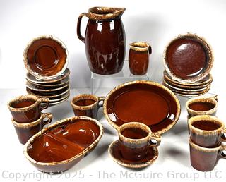 Set of Hull Pottery Brown Drip Glaze Oven Proof Pottery Dinnerware