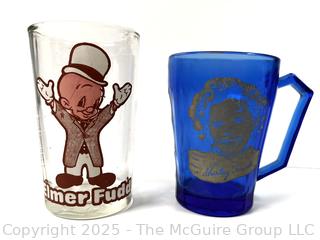 Shirley Temple Cobalt Blue Mug by Hazel-Atlas and Elmer Fudd Juice Glass