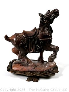 Chinese Tang Style Carved Stone Horse Figure on Wood Stand