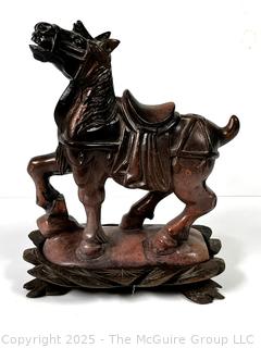 Chinese Tang Style Carved Stone Horse Figure on Wood Stand