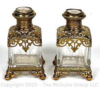 Two (2) French Empire Gilt and Crystal Ormolu Perfume Vanity Bottles with Porcelain Tops. 