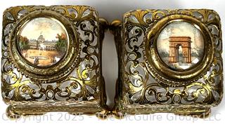 Two (2) French Empire Gilt and Crystal Ormolu Perfume Vanity Bottles with Porcelain Tops. 