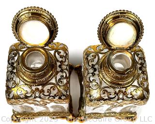 Two (2) French Empire Gilt and Crystal Ormolu Perfume Vanity Bottles with Porcelain Tops. 