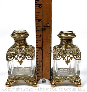 Two (2) French Empire Gilt and Crystal Ormolu Perfume Vanity Bottles with Porcelain Tops. 