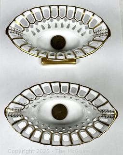 Two (2) Reticulated Regency White Porcelain and Gold Gilt Basket Compotes