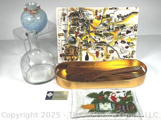 Williams-Sonoma Cheese Tray, Art Glass Vase, Clear Bottle, Serving Tray with Utensils and Fused Glass Tray. 