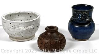 Two (2) Pottery Egg Separators Including Potts Pottery and Small Wood Bud Vase