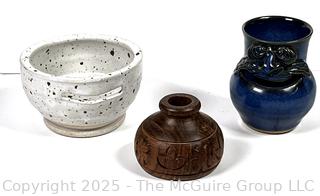 Two (2) Pottery Egg Separators Including Potts Pottery and Small Wood Bud Vase