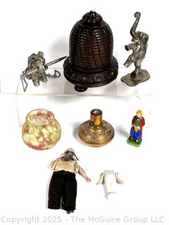 Wood Bee Hive String Holder, Elephant Figure, Art Glass, Porcelain Dolls, Pencil Holder and Victorian Door Knob.
