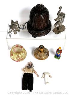 Wood Bee Hive String Holder, Elephant Figure, Art Glass, Porcelain Dolls, Pencil Holder and Victorian Door Knob.
